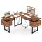 Rustic Brown L-shaped Computer Desk with Power Outlets and 3 Storage Drawers